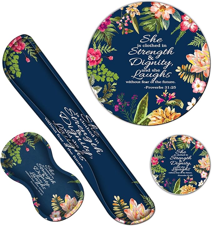 Ergonomic Keyboard Wrist Rests Gel Memory Foam Mouse Pad with Round Mousepad + Coasters, Wrist Support Set with Non Slip Base for Gaming Office Laptop Easy Typing, Psalm 31:25 Watercolor Floral