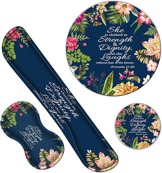 Ergonomic Keyboard Wrist Rests Gel Memory Foam Mouse Pad with Round Mousepad + Coasters, Wrist Support Set with Non Slip Base for Gaming Office Laptop Easy Typing, Psalm 31:25 Watercolor Floral