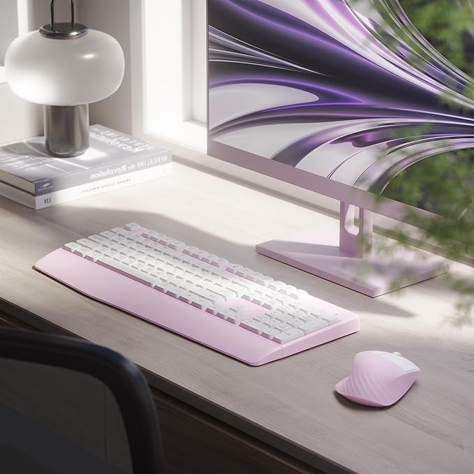 Ergonomic Keyboard and Mouse Combo with Wrist Rest, BK Chipset, Full-Size Colorful Office Keyboard and Mouse, Power Button, USB Receiver for PC Laptop(Pink White)