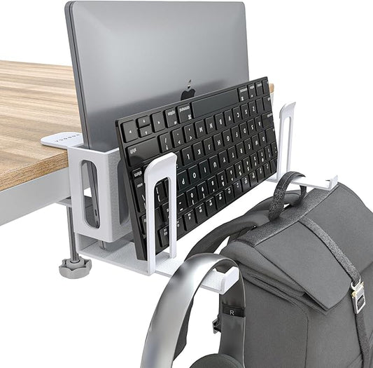 NODOCA 2-Slot Laptop Storage for Desk, Vertical Laptop Stand for Desk, MacBook Vertical Stand, with Headphone Holder, Desk Side Storage for MacBook/Surface/Samsung/HP/Dell[L, White]