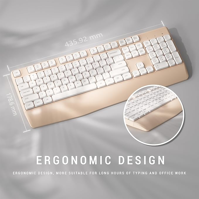 Ergonomic Keyboard and Mouse Combo with Wrist Rest, BK Chipset, Full-Size Colorful Office Keyboard and Mouse, Power Button, USB Receiver for PC Laptop (Khaki White)