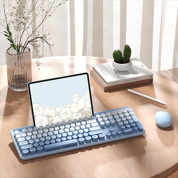 Colorful Wireless Computer Keyboard and Mouse Combo with Phone Holder, Wrist Rest, Typewriter Keys, 2.4GHz Wireless, Full-Sized Optical Mouse for PC and Laptop(Blue Colorful)