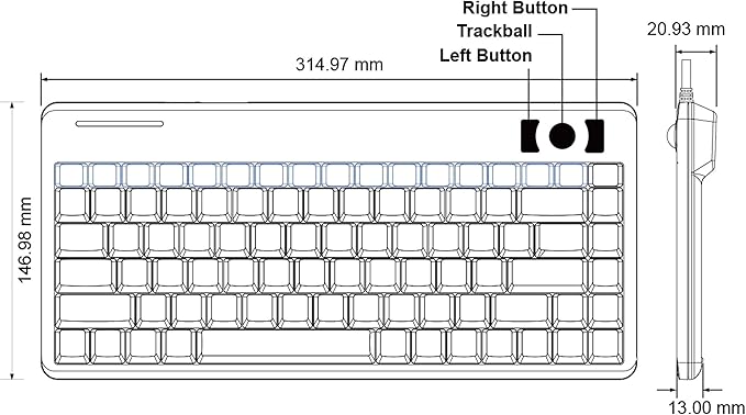 Perixx PERIBOARD-505H Wired Mini Keyboard with Built-in Trackball, 0.55 Inch Trackball and 2 USB Hubs, Black, US English Layout