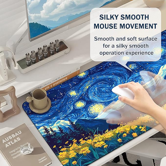Mouse Pad Gaming - Desk Mat for Keyboard and Mouse - Van Gogh Starry Night Large Mouse Pads for Desk, Desks Pad Mat(35.4" X 15.7") with Non-Slip Base, Gaming Mousepad for Game, Office and Home