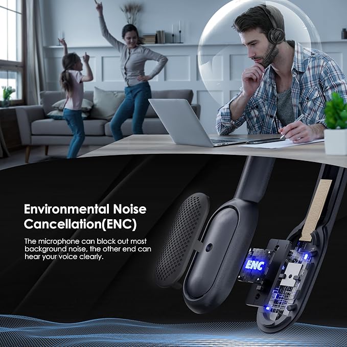 Upgrade ANC & ENC Headset with Microphone for PC, Wireless Headset with Mic for Work(Flip-to-Mute & USB Dongle), Bluetooth 5.4 Noise Cancelling Headphones with Mic for Call Center/Home/Computer/Phones