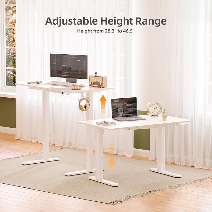 INNOVAR INNVAR Glass Standing Desk with Drawers, 48×24 Inch Adjustable Stand Up Desk Quick Install Home Office Computer Desk, Super White