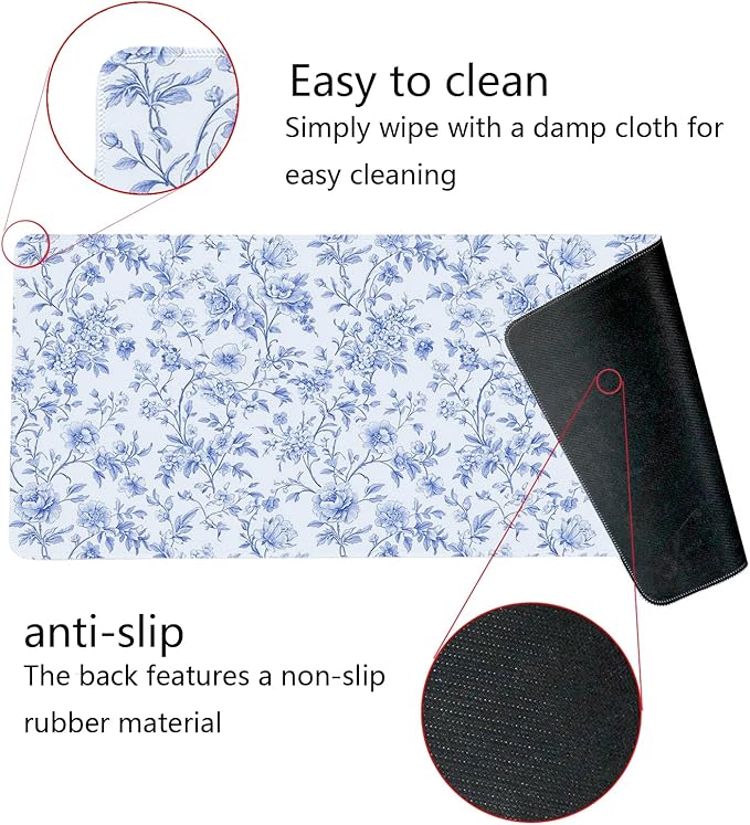 Light Blue Chinoiserie Mouse Pad,Vintage Blue and White Floral Desk Mat,XL Large Vintage Floral Preppy Mouse Pad,Girly Laptop Desk Mat for Dorm Home Office Decor,31.5x11.8 in