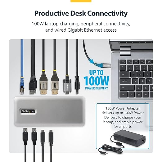 StarTech USB-C Docking Station Dual 4K 60Hz DisplayPort, 100W Power Delivery Charging, 6 USB Ports (10Gbps), Gigabit Ethernet, Driverless Windows Professional Laptop Dock (201N-USBC-DOCK)