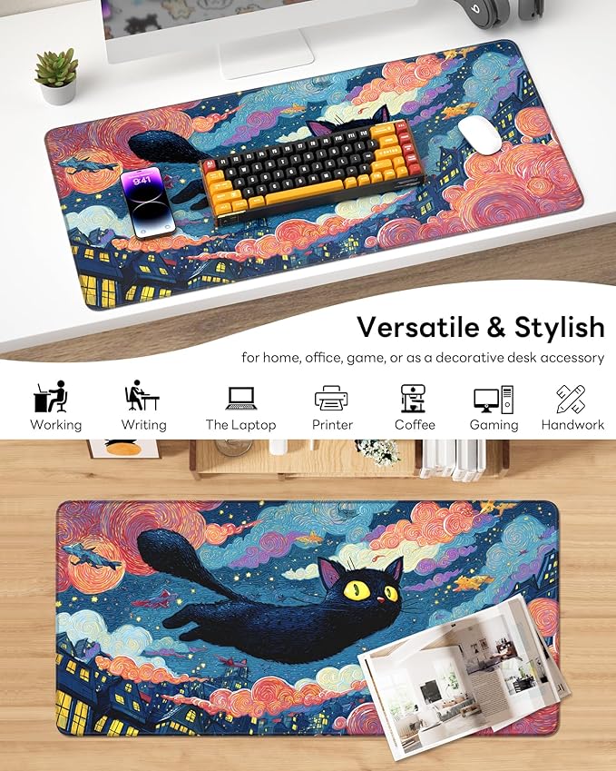 XL Gaming Mouse Pad, 31.5x15.7'' Large Desk Mat with Anti-Slip Rubber Base & Stitched Edges for Gaming, Office, Home, Flying Cat