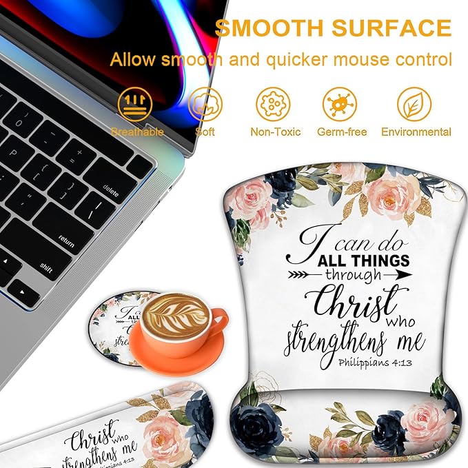 Ergonomic Mouse Pad, Mouse Wrist Rest Pad + Keyboard Wrist Rest Pad + Coaster, Made of Memory Foam, Easy to Use and Relieve Wrist Pain, Computer, Games, Office, Home - Bible Phil 4-13 Floral