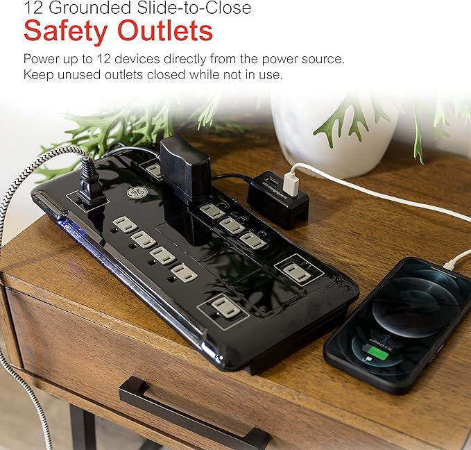 GE UltraPro 12 Outlet Surge Protector, Tethered 2 USB Ports, 8 Ft Power Cord, 4320 Joules, Flat Plug, Power Filter, Circuit Breaker, Warranty, UL Listed, Black, 11824