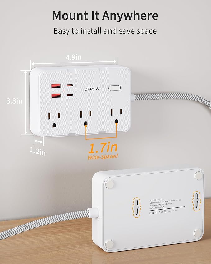 2 Prong to 3 Prong Adapter Power Strip, 10 FT Extension Cord with 6 Outlets & 4 USB Ports (2 USB-C), 1050J Two Prong Surge Protector, Wall Mount - Ideal for Old Houses