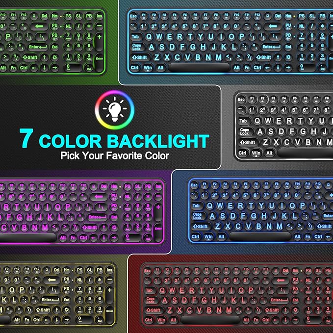 Large Print Backlit Keyboard, Wired USB Lighted Computer Keyboards with 7-Color Backlit, Oversized Print Letters, Quiet Typewriter Keyboard with Retro Round Keycaps for Windows PC, Laptop