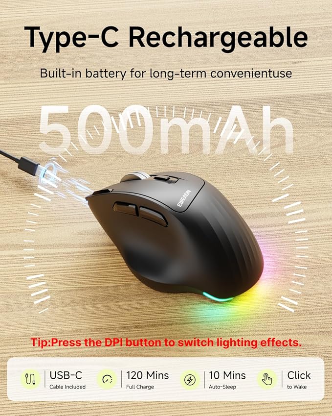 C2 Ergonomic Wireless Mouse, Rechargeable Bluetooth & 2.4G Dual Mode Computer Mouse with RGB, Quiet Clicks, 5 Adjustable 4000 DPI, Comfortable Grip for Laptop, PC, Mac, Office - Black