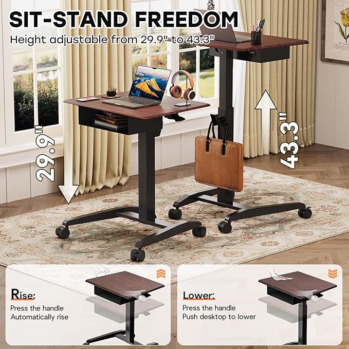 JOY worker Height Adjustable Rolling Laptop Desk with Shelf,Mobile Standing Desk,Pneumatic Mobile Laptop Table with Wheels for Couch Home Office School,Holds Up to 22lbs,Dark Walnut