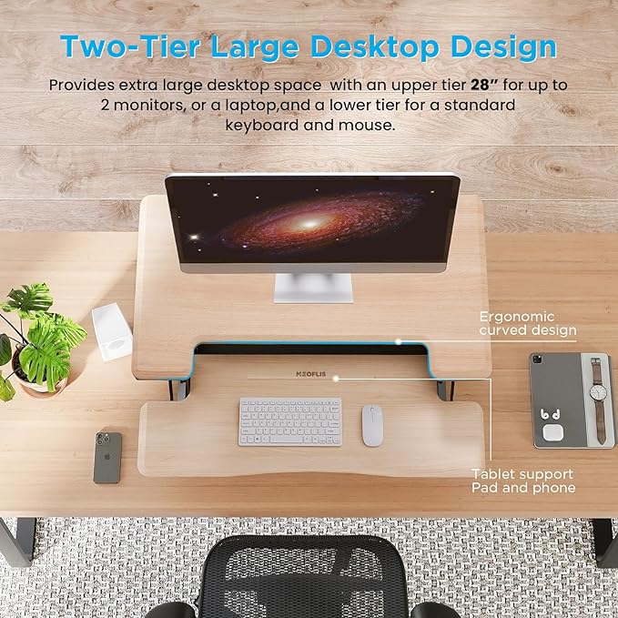 28 Inch Standing Desk Converter, 12-Position Adjustable Height Computer Desk Converter, Ergonomic for Use in Home Offices and Computer Workstations，Light Wood