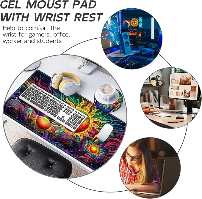 Gaming Mouse Pad Set, Colorful Sun Woman Large Desk Mat Mousepad, Keyboard Wrist Support, Mouse Wrist Rest, Coaster 4in1 Ergonomic Memory Foam, Non-Slip Stitched Edge for Home Office