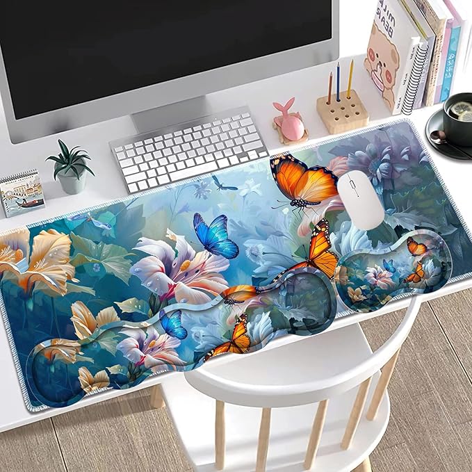 Large Gaming Mouse Pad + Keyboard Wrist Rest + Wrist Support + Coaster Set, Memory Foam Ergonomic for Easy Typing, XXL Extended Gaming Mouse Pad Table Pad - Painting Butterfly