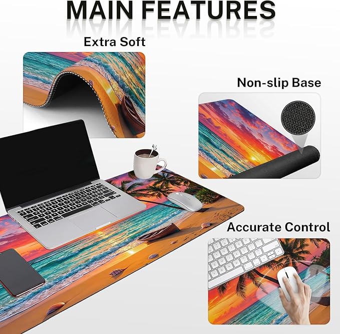 Arttown Sun Beach Desk Mat Tropical Ocean Mouse Pad Set 4 in 1 Ergonomic Design Large Mouse Pad + Keyboard Wrist Rest + Mouse Wrist Rest + Coaster Suitable for Home Office Study Game