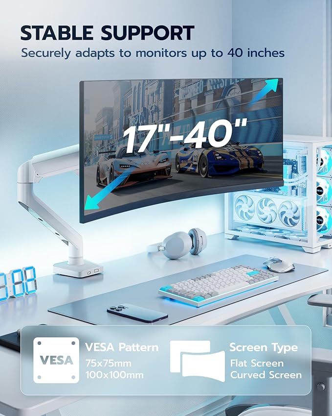 ARES WING Heavy Duty Single Monitor Arm - Fully Adjustable Monitor Mount for 17"-40" Ultrawide Screens up to 26.4 lbs with Clamp/Grommet Desk Mount, 75/100 Vesa Mount, White