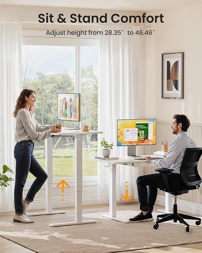 ErGear 55" x 24" Electric Standing Desk with Drawers, Height Adjustable Desk with 4 Preset Heights, Ergonomic Rising Home Office Computer Table with Splice Board, White