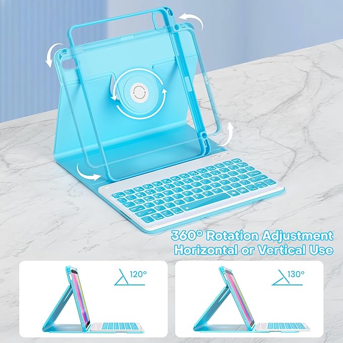 YBING Bluetooth Keyboard Case for iPad 10th Gen 10.9 inch (2022) & 11th Gen (A16, 2025), 7-Color Backlit Detachable Keypad & Rotatable Magnetic Case with Pencil Holder (Blue)