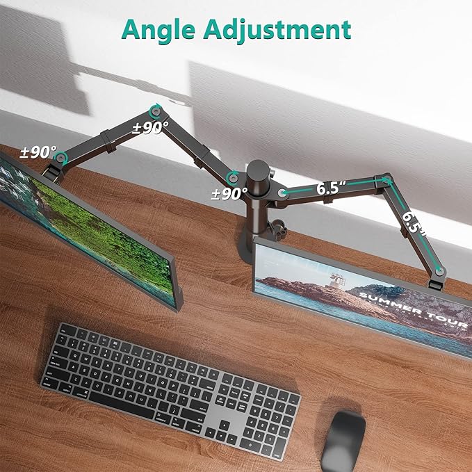 Dual Monitor Stand for 13-27'' Screens, Dual Monitor Arms for 2 Monitors up to 22 lbs, Adjustable Dual Monitors Desk Mount with C-Clamp and Grommet, VESA 75/100mm, Black