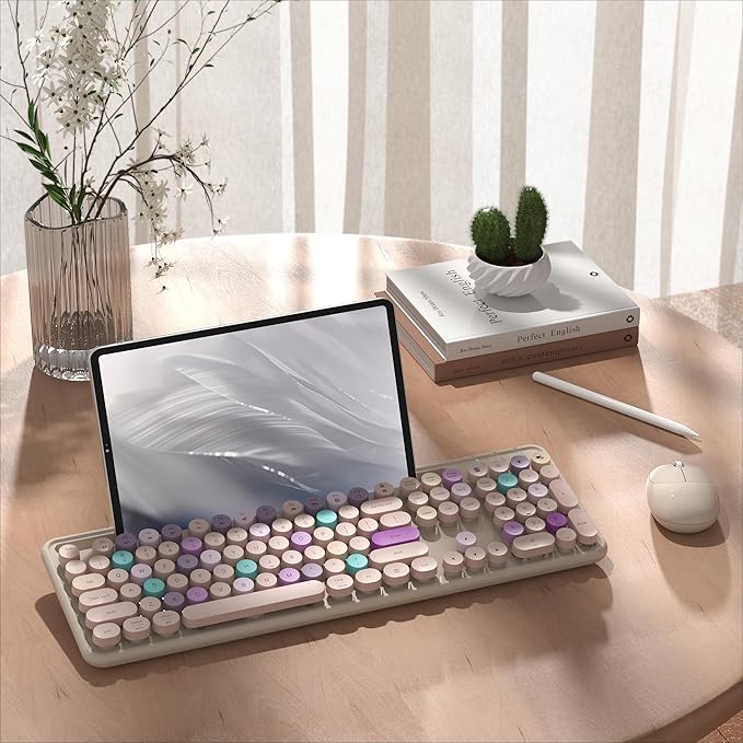 Colorful Wireless Computer Keyboard and Mouse Combo with Phone Holder, Wrist Rest, Typewriter Keys, 2.4GHz Wireless, Full-Sized Optical Mouse for PC and Laptop (Khaki)