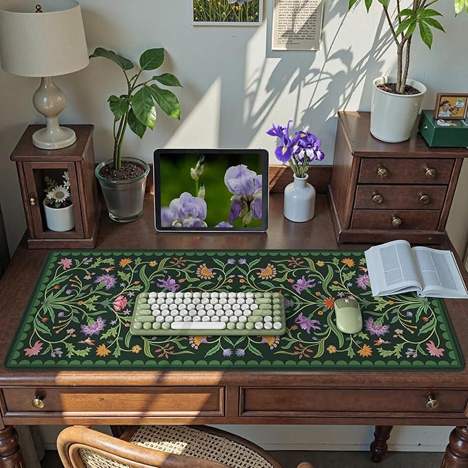 HAOCOO Moss Green Aesthetic Desk Matt for Desktop, Cute Mouse Pad, Non-Slip Vintage Keyboard Mat with Stitched Edge, Large Desk Docer Mat, Desk Cover for Home, Office