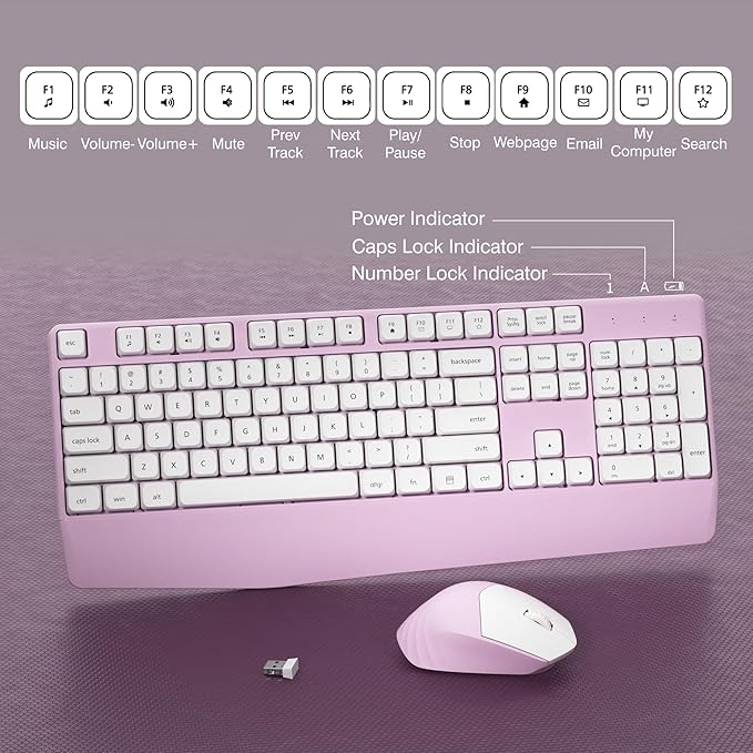 Wireless Keyboard and Mouse Combo, Full-Sized 104 Keys 2.4GHz Wireless Keyboard with Palm Rest and Wireless Mouse for Windows, Mac OS PC/Computer/Laptops/Desktops(Pink)