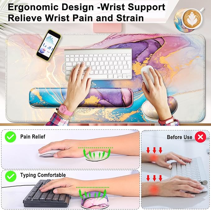 Keyboard Wrist Rest + Mouse Pad with Wrist Support + Desk Mat + Coaster 4 in 1 Set, XXL Large Gaming Mousepad Cute Ergonomic Mouse Pads for Desk Computer Laptop Office Decor-Blue Marble