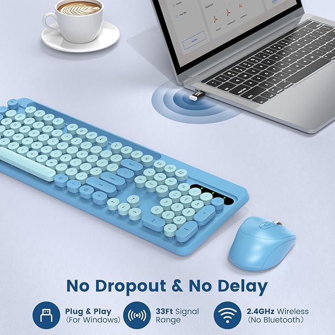 Wireless Keyboard and Mouse Combo, Retro Round Keycaps, Full-Size Stylish Typewriter Keyboard with Phone/Tablet Holder, Ergonomic Mouse with 3-Level DPI, 2.4GHz Connection for Windows/PC (Sky Blue)