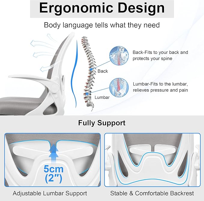 Ergonomic Drafting Chair with Flip-Up Armrests & Adjustable Footrest – Tall Office Chair for Standing Desks, Lumbar Support, Gray – Home & Office Comfort