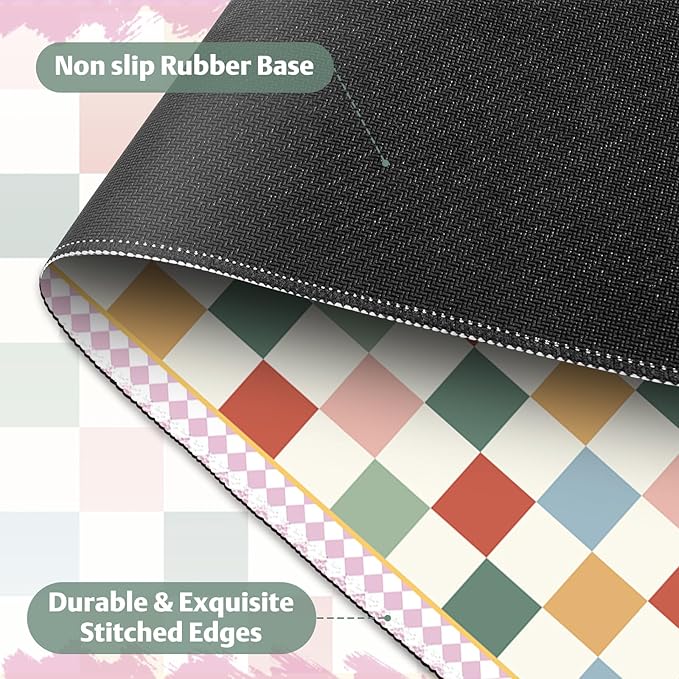 Desk Pad for Keyboard and Mouse, Large Mouse Pad for Desk, Non-Slip Keyboard Mat, Computer Mats for Desk, Cute Desk Pad with Stitched Edges for Office, Gaming I Multicolored Plaid