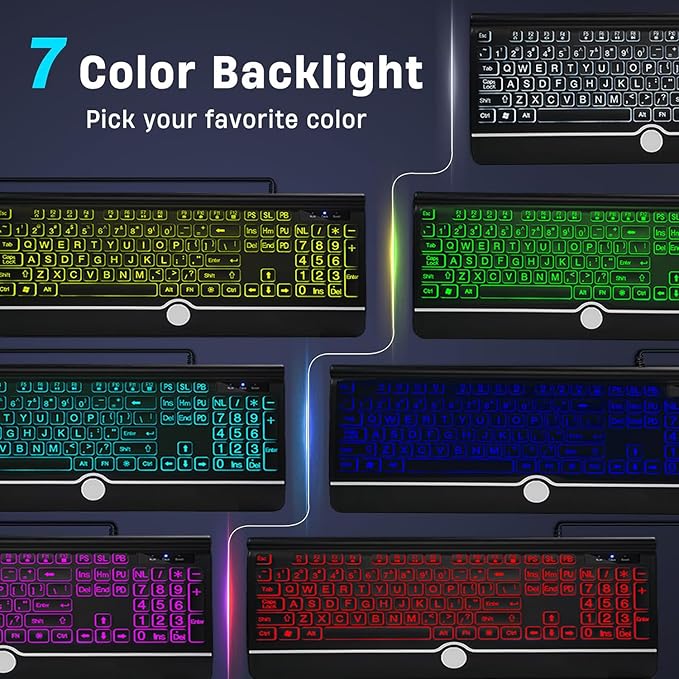 Wired Keyboard and Mouse Combo - Large Print Light Up Keyboard, USB Silent Wired Backlit Keyboard and Optical Mouse for Windows, PC, Laptop - Easy to See, USB Play and Plug