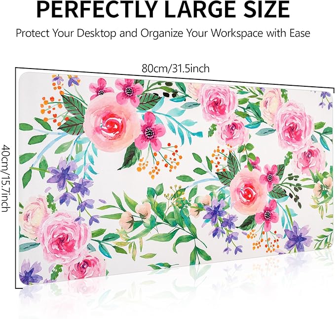 Leather Desk Pad, Pink Floral Desk Matt for Desktop, Women Girls Waterproof Large Keyboard Pad, Cute Computer Mat for Office Work/Home/Decor/Desktop Accessories (31.5"x15.7")