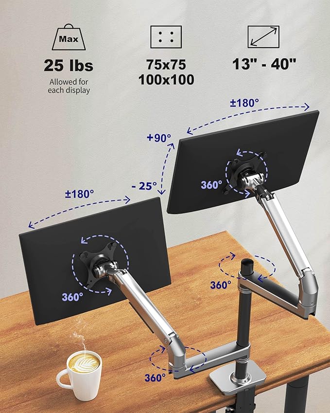 Premium Dual Monitor Stand for Desk, High-Grade Aluminum Stacked Monitor Arm with Heavy-Duty Mechanical Spring, Adjustable Vertical Double Monitor Mount for 13-40 inch Screens, Silver