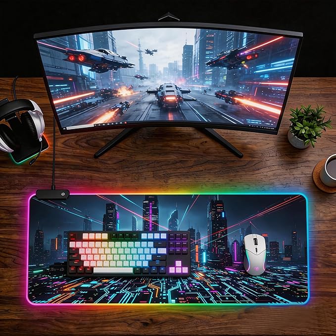 Cyberpunk Circuit RGB Gaming Mouse Pad – 31.5"x11.8" Large LED Desk Mat with Futuristic Circuit Board Design, Non-Slip Rubber Base & Durable Stitched Edge for PC & Laptop Setup(06)