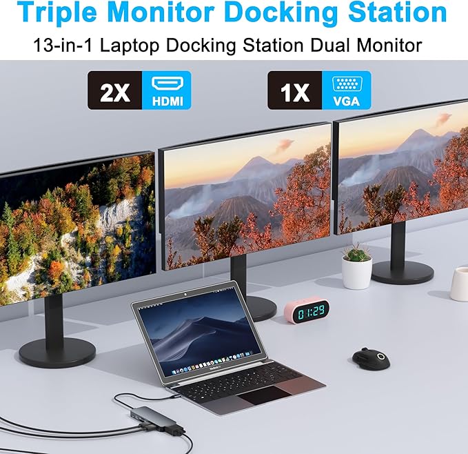 Docking Station for Dell/HP/Lenovo/Surface Laptop, Dual HDMI Adapter for 2 Monitors, 13 in 1 USB C Hub With HDMI/VGA/USB/PD/Ethernet/SD/TF/Audio