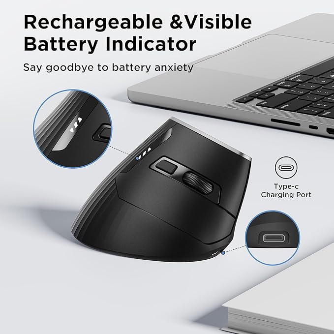Uineer Wireless Ergonomic Mouse, Rechargeable Vertical Mouse 2.4G with USB-A Receiver, 2400 DPI Optical Tracking Mice, Quiet Clicks, 6 Buttons, Ergo Cordless Computer Mouse for Windows/Mac/Laptop