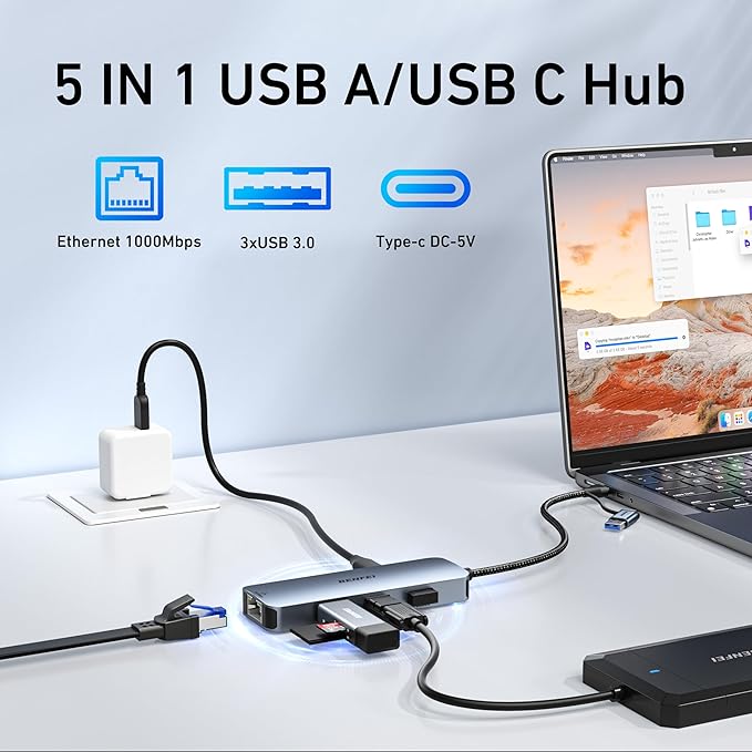 BENFEI USB-C to Gigabit Ethernet Adapter with 3-Port USB 3.0 Hub, RJ45 Network Adapter Compatible with MacBook Pro/Air, iPad Pro, iMac, Galaxy S23, XPS 17, Surface Book 3