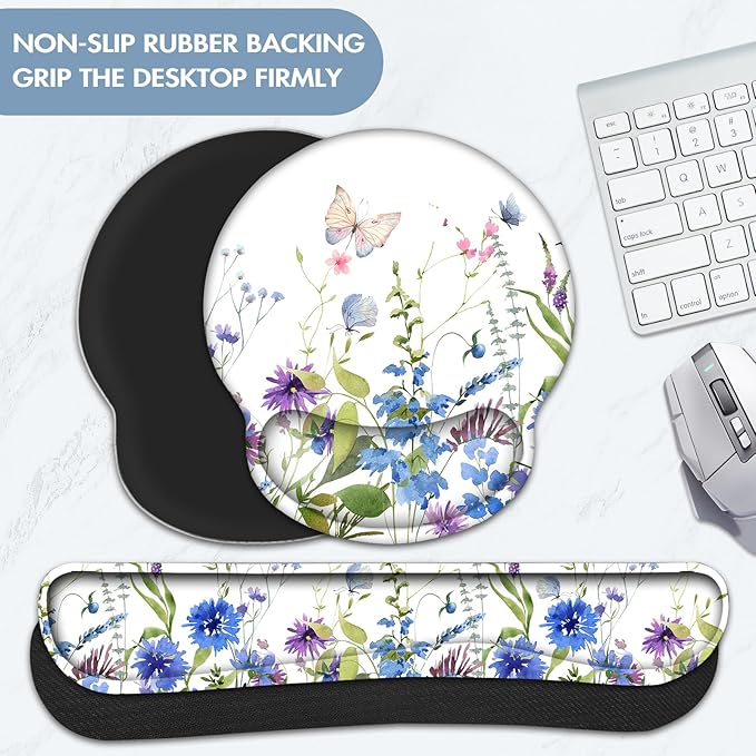 Keyboard Wrist Rest, Ergonomic Mouse Pad Wrist Support, Memory Foam Wrist Rest, Anti-Slip Base,Weeds Mousepad with Coaster for Computer Keyboard Office Home, Beautiful Floral White