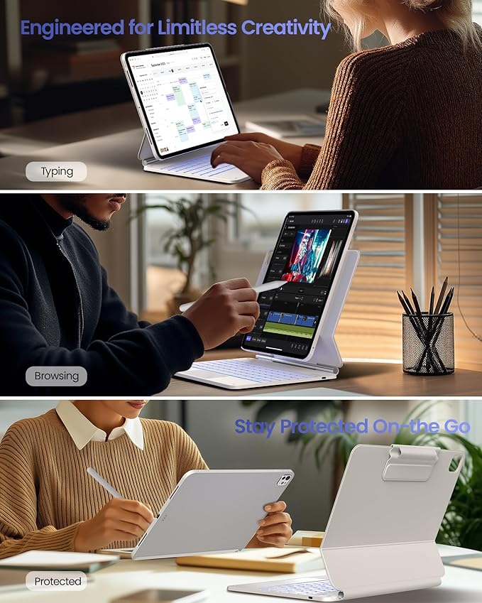 typecase Edge+ Keyboard Case for iPad Pro 13-inch (M5/M4) 2025/2024, White Keyboard with White Carbon Fiber Protective Case,Portrait & Typing Modes,Built-in Trackpad,11-Color Backlight,Magnetic Stand