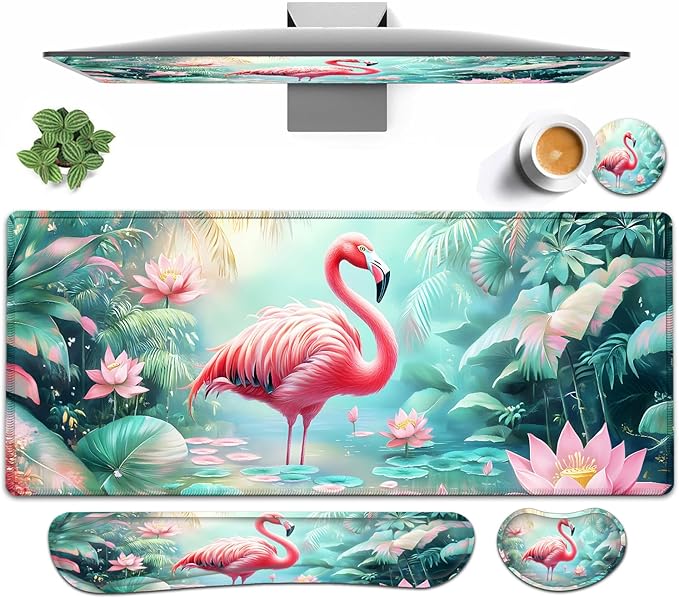 Large Mouse pad and Keyboard Support Set, Ergonomic Memory Foam Keyboard Wrist Rest, Extended Gaming Mouse Pad with Stitched Edges, Flamingo in Lotus Pond XXL Desk Mat (31.5 X 11.8 in)