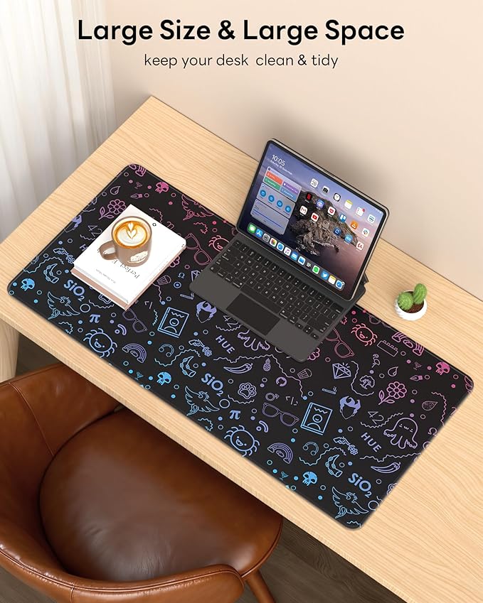 XL Gaming Mouse Pad, 31.5x15.7'' Large Desk Mat with Anti-Slip Rubber Base & Stitched Edges for Gaming, Office, Home, Cute Graffiti