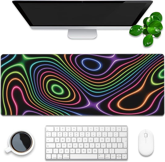 Desk Mat, Colorful Neon Topographic Contour Map Extended Gaming Mouse Pad Large, 31.5"x11.8" Big Mouse Pad with Non-Slip Base and Stitched Edge, Long Computer Keyboard Mouse Mat for Home Office Work