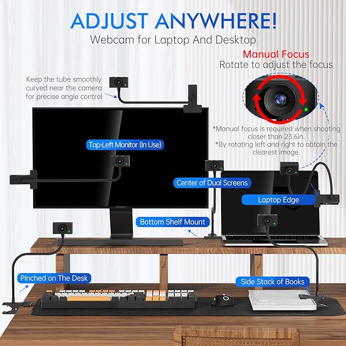 Webcam for PC, Laptop Camera USB Webcam with Adjustable Gooseneck, Flexible Positioning 1080P Computer Camera for Presentation, Desktop Demo, Full-Body View, Video Call, Zoom, Teams, Skype (Black)