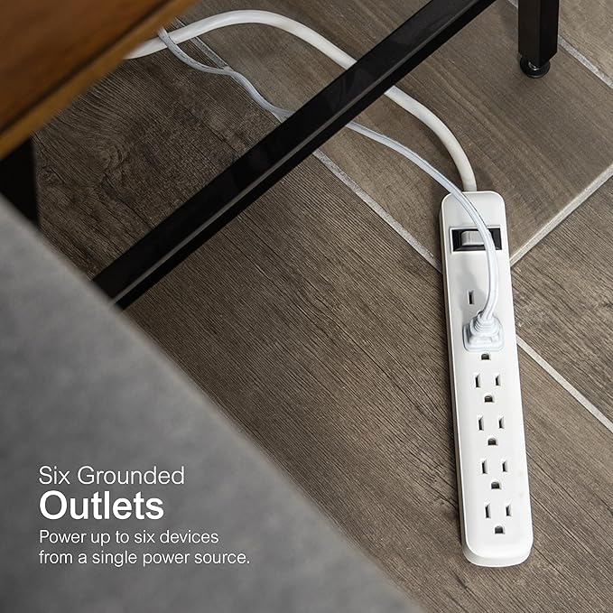 GE 6-Outlet Surge Protector, 2 Ft Extension Cord, Power Strip, 450 Joules, Twist-to-Close Safety Covers, UL Listed, White, 33656