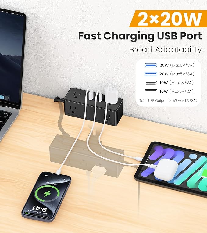 Dual Layer Desk Clamp Power Strip, Desktop Edge Mount Surge Protector with 15 AC Outlets & 4 USB Ports(20W USB-C), Ultra Thin Flat Plug & 10FT Power Cord for Office Home(ETL Listed)