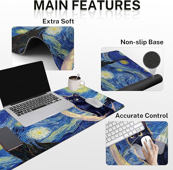 Arttown Cat Moon Star Desk Mat Blue Mouse Pad Set 4 in 1 Ergonomic Design Large Mouse Pad + Keyboard Wrist Rest + Mouse Wrist Rest + Coaster Suitable for Home Office Study Game